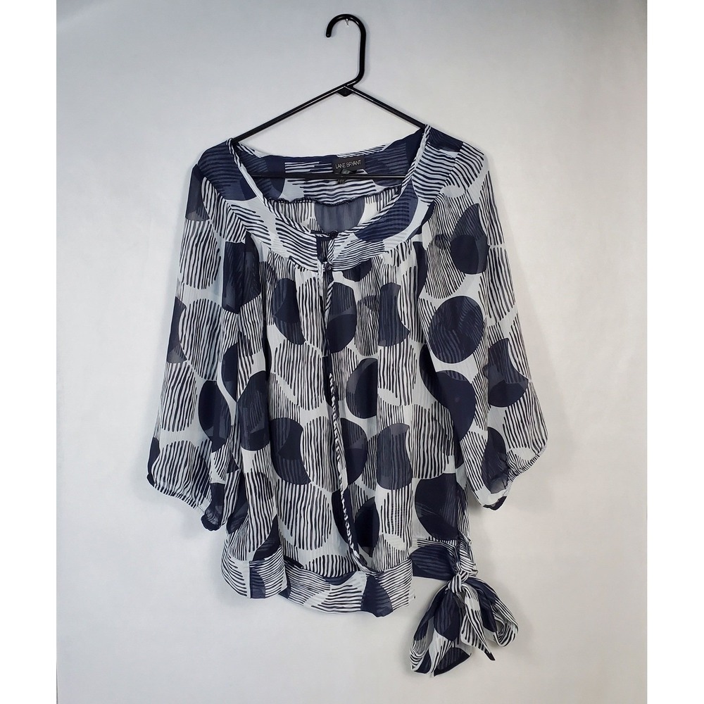 Lane Bryant Navy Blue White Abstract Geometric Chiffon Side Tie Sheer 14/16